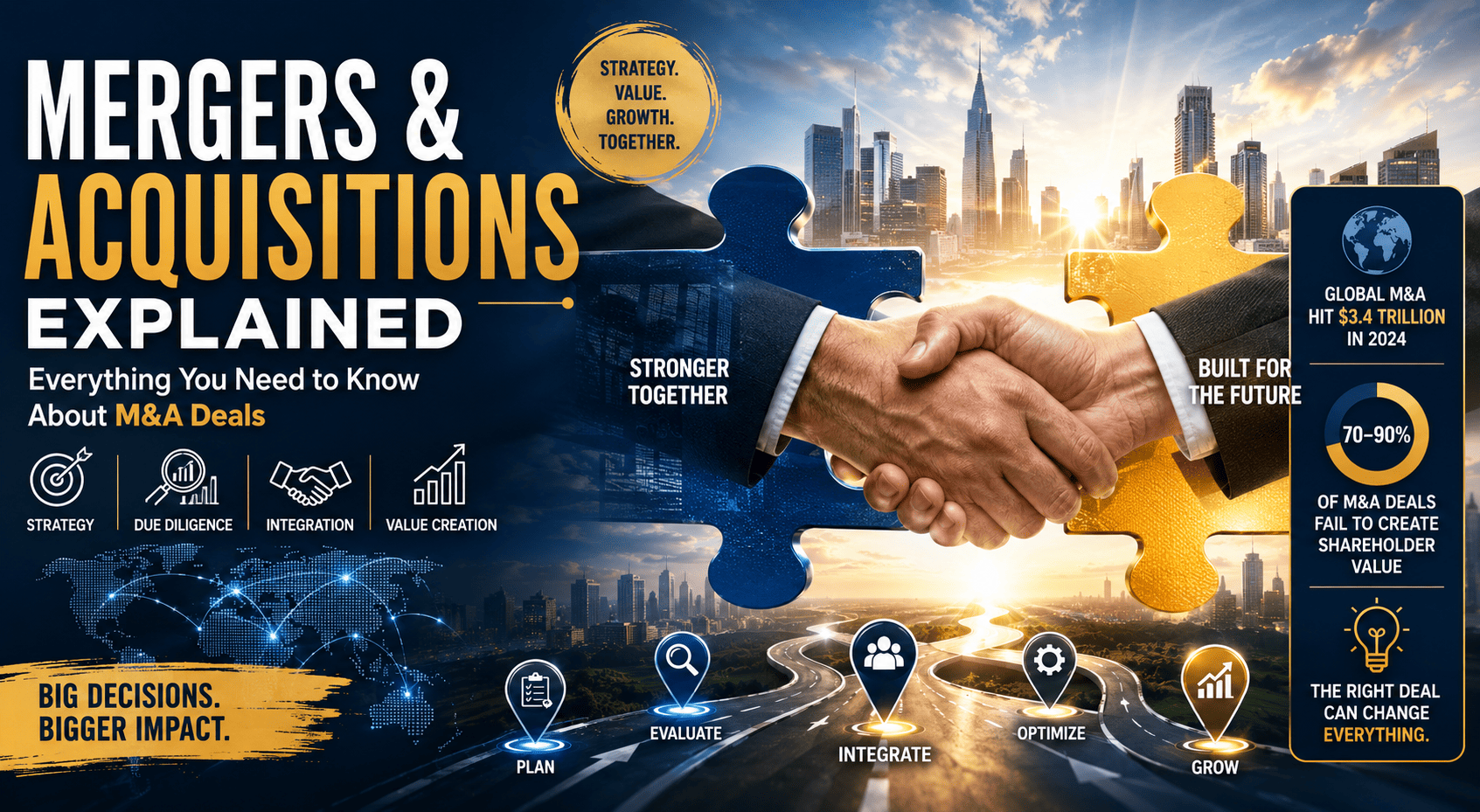 Mergers and acquisitions explained: two business leaders shaking hands over puzzle pieces representing M&A integration.