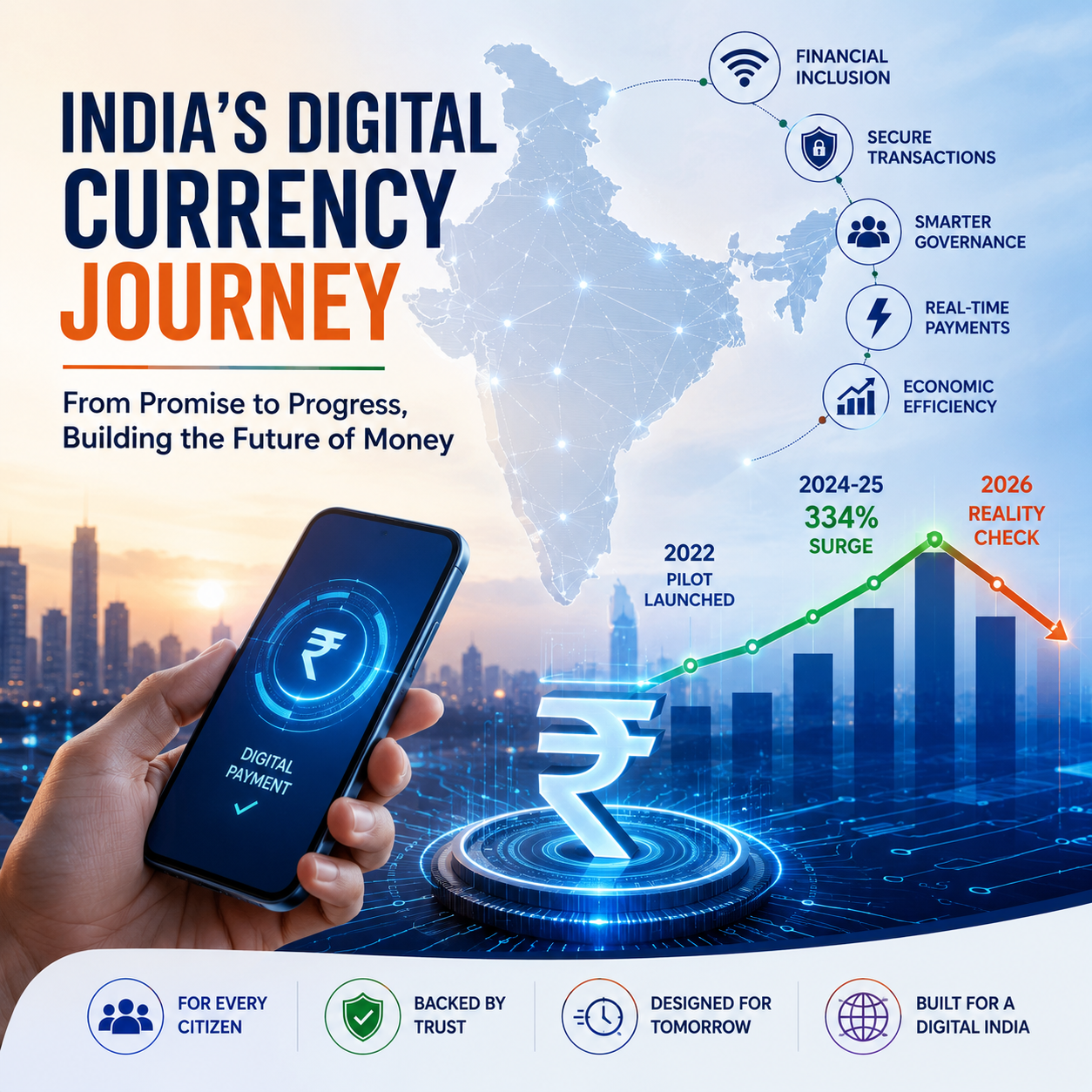 Conceptual illustration of India's digital payments ecosystem showing connected mobile transactions, fintech innovation, and the evolution of central bank digital currency adoption.