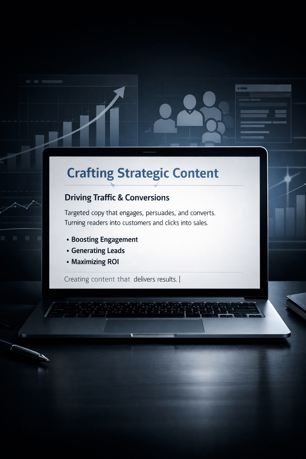 Laptop displaying “Crafting Strategic Content” with bullets about driving traffic, engagement, leads, and ROI, set against a dark background with marketing analytics graphics.