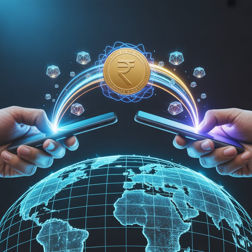 Indian Rupee digital currency symbol with global network, smartphones transferring money internationally via CBDC technology.