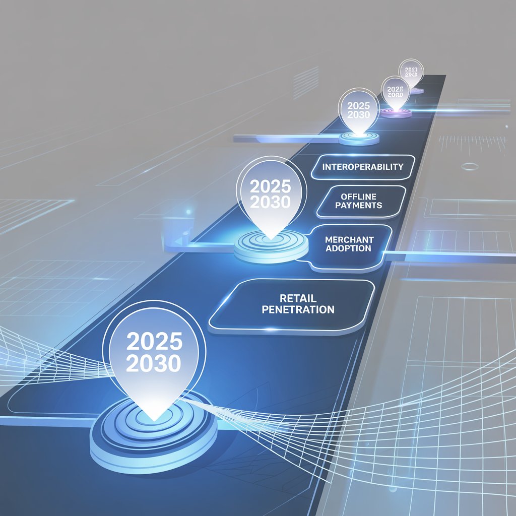CBDC adoption roadmap timeline displaying retail penetration, merchant adoption, offline payments, and interoperability milestones from 2025 to 2030.