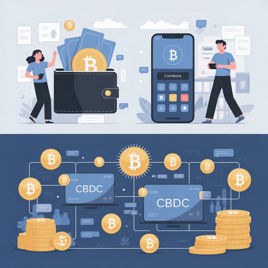 E-Rupee digital wallet and mobile app interface showing CBDC payment system with users managing India's Central Bank Digital Currency transactions.