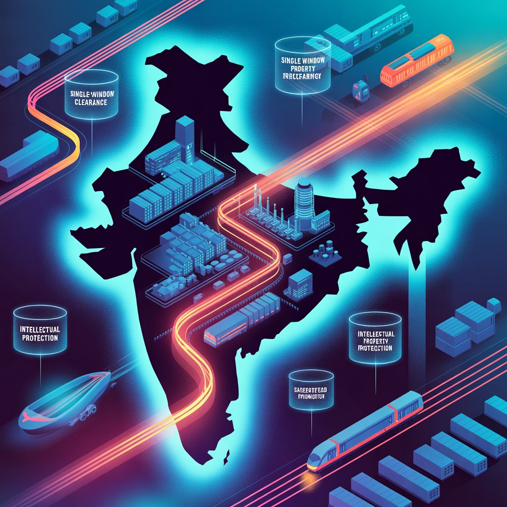 Map of India highlighting single-window clearance, logistics, and intellectual property reforms supporting manufacturing growth.