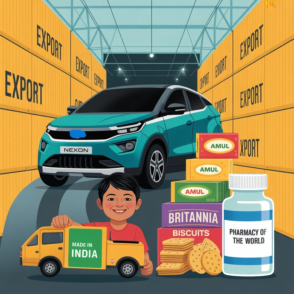 India's Make in India success: Tata Nexon EV, Amul dairy, Britannia biscuits, and pharmaceutical exports driving economic growth through domestic production and international trade.