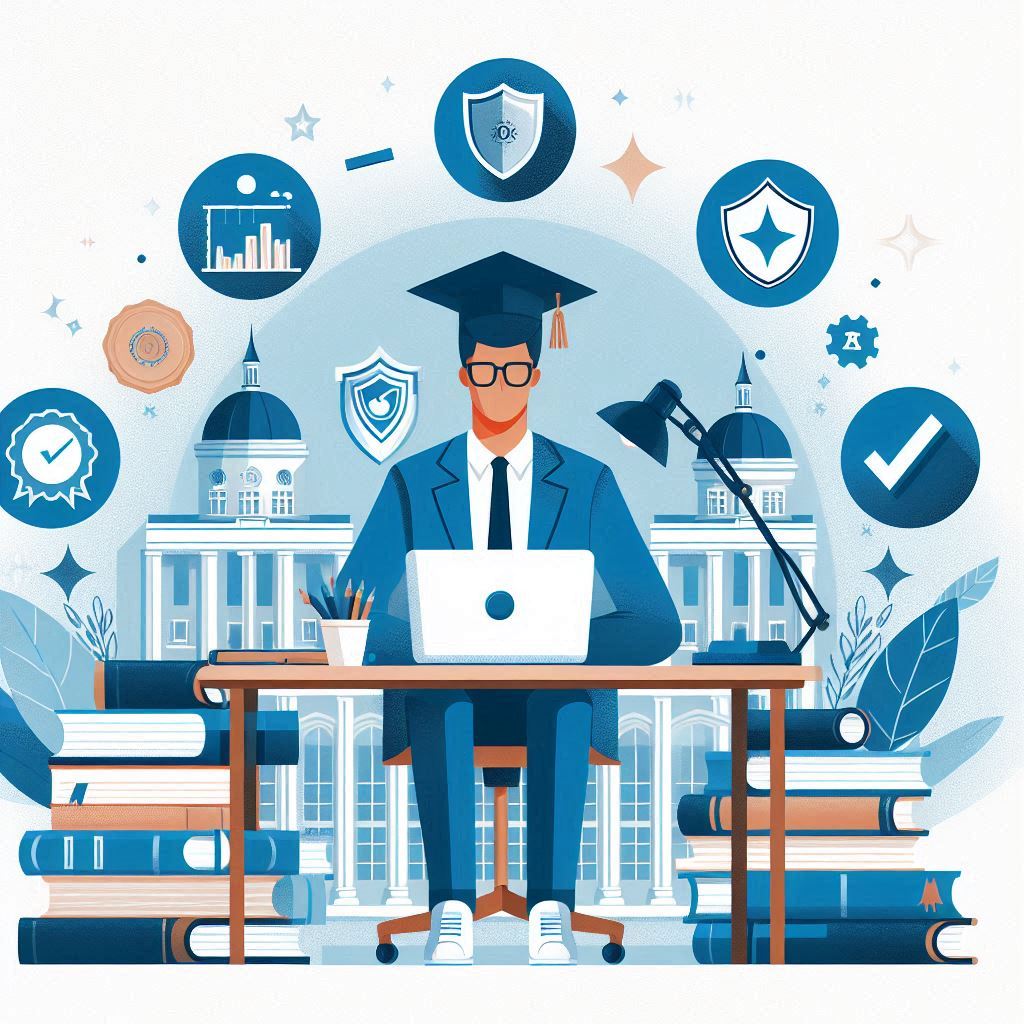 A graduate researcher in academic attire working on a laptop surrounded by stacks of books and a university building, with E-E-A-T trust signals, shields, checkmarks, and credentials, illustrated overhead, representing credibility and authority in academic writing in 2026.
