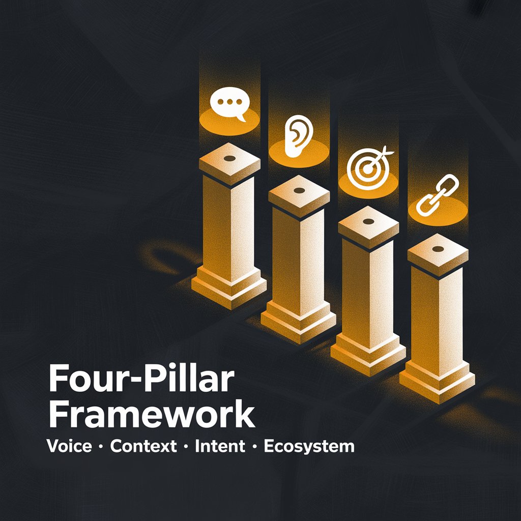 Four illuminated stone pillars on a dark background, each topped with a glowing amber icon representing voice, context, intent, and ecosystem, the four pillars of an adaptive SEO writing framework.