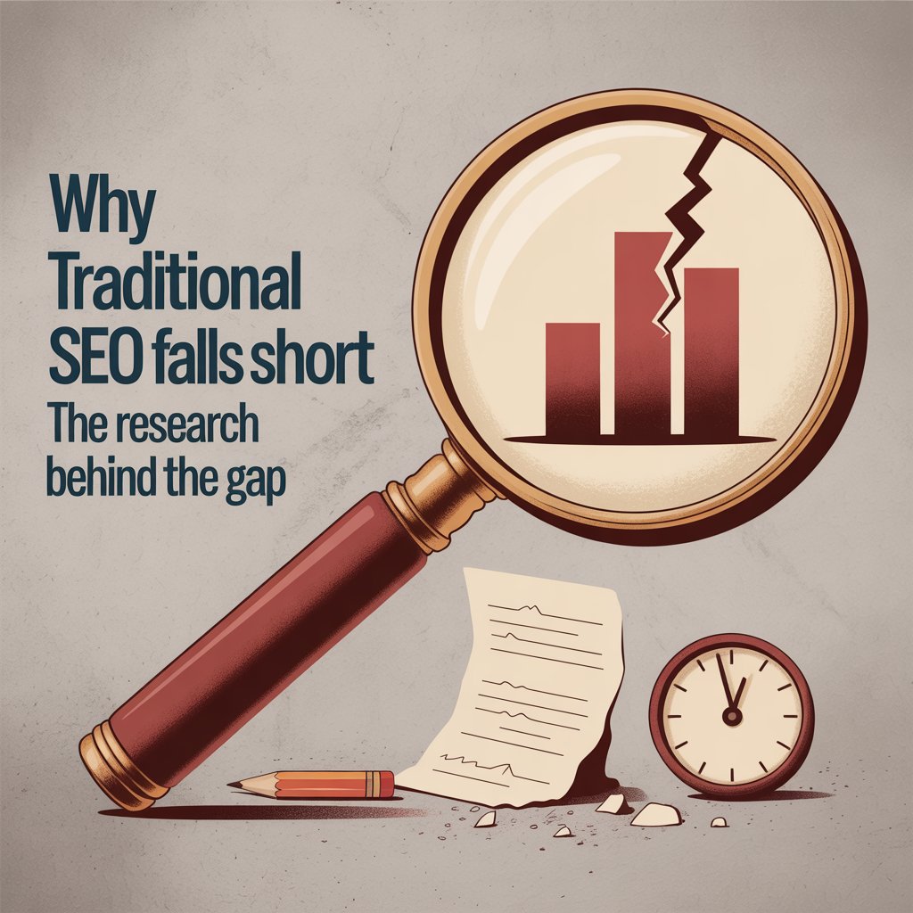 A vintage magnifying glass revealing a cracked bar chart, alongside a broken pencil, torn paper, and a clock on a concrete grey background, representing the limitations of traditional SEO strategies and the research gap between search optimisation and brand building.