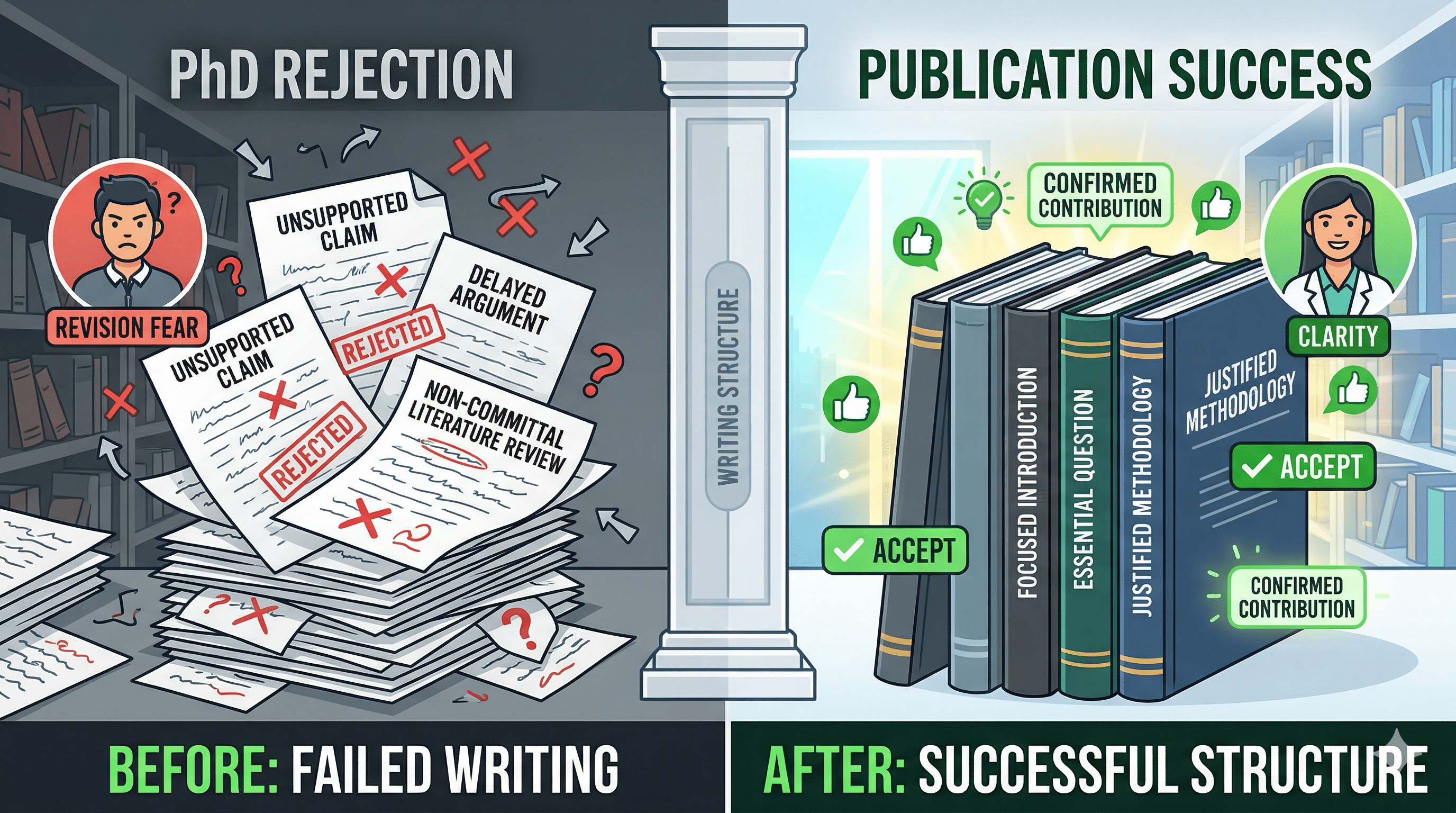 Illustration showing PhD paper rejection versus publication success through clearer academic writing structure and visible research contribution.