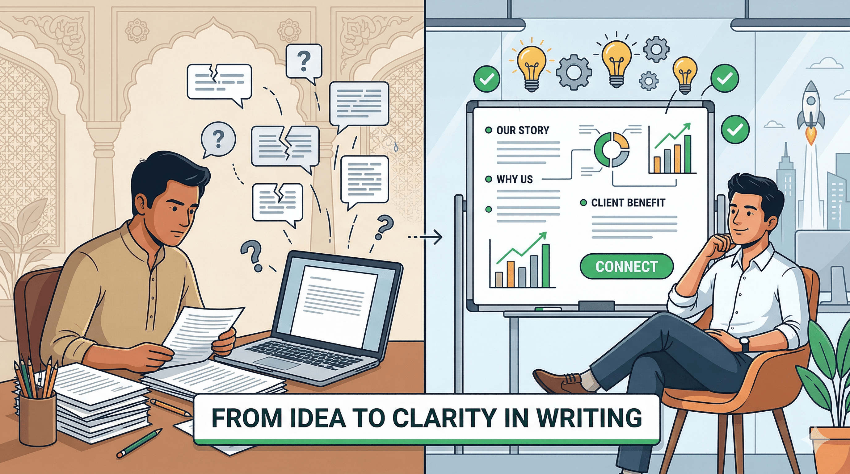 Indian startup founder struggling to write website copy that converts clients, business content writing clarity gap.