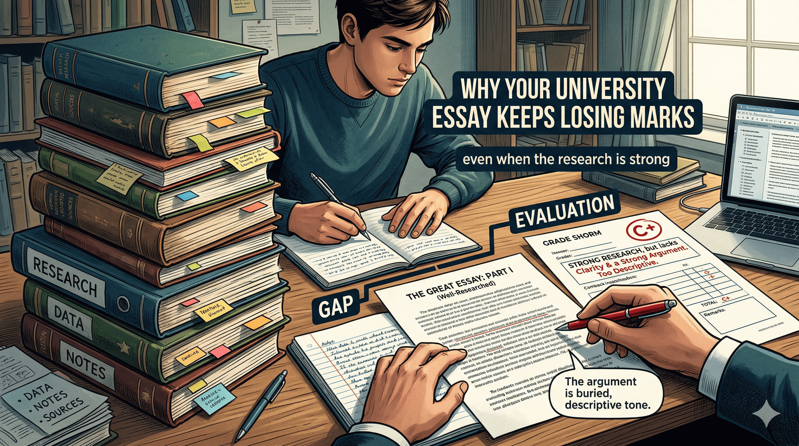 Student writing a university essay with professor feedback showing strong research but low marks due to weak clarity and argument structure.