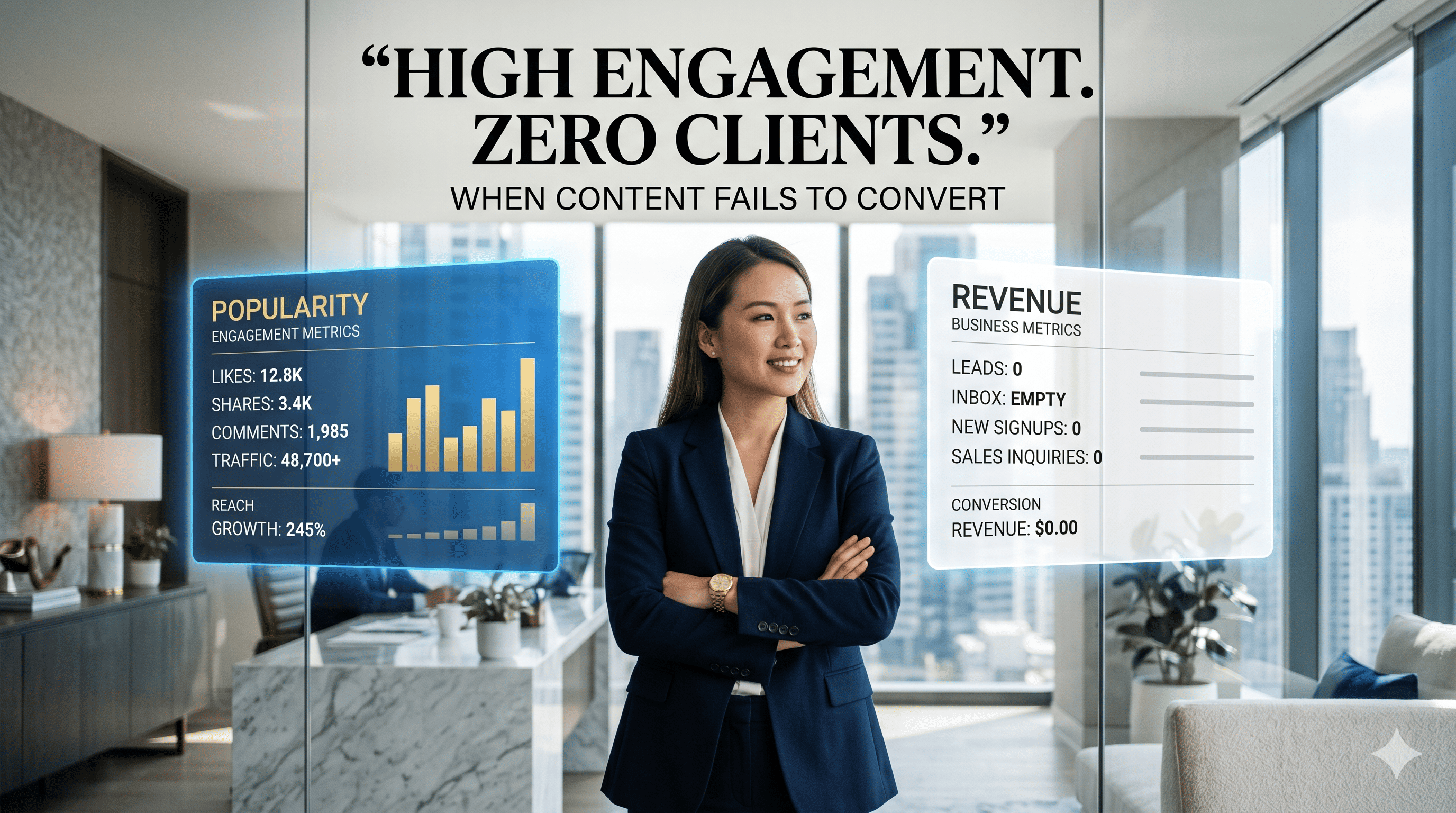 Founder checking content analytics with high engagement and zero client enquiries, content conversion gap for D2C and startup businesses India.