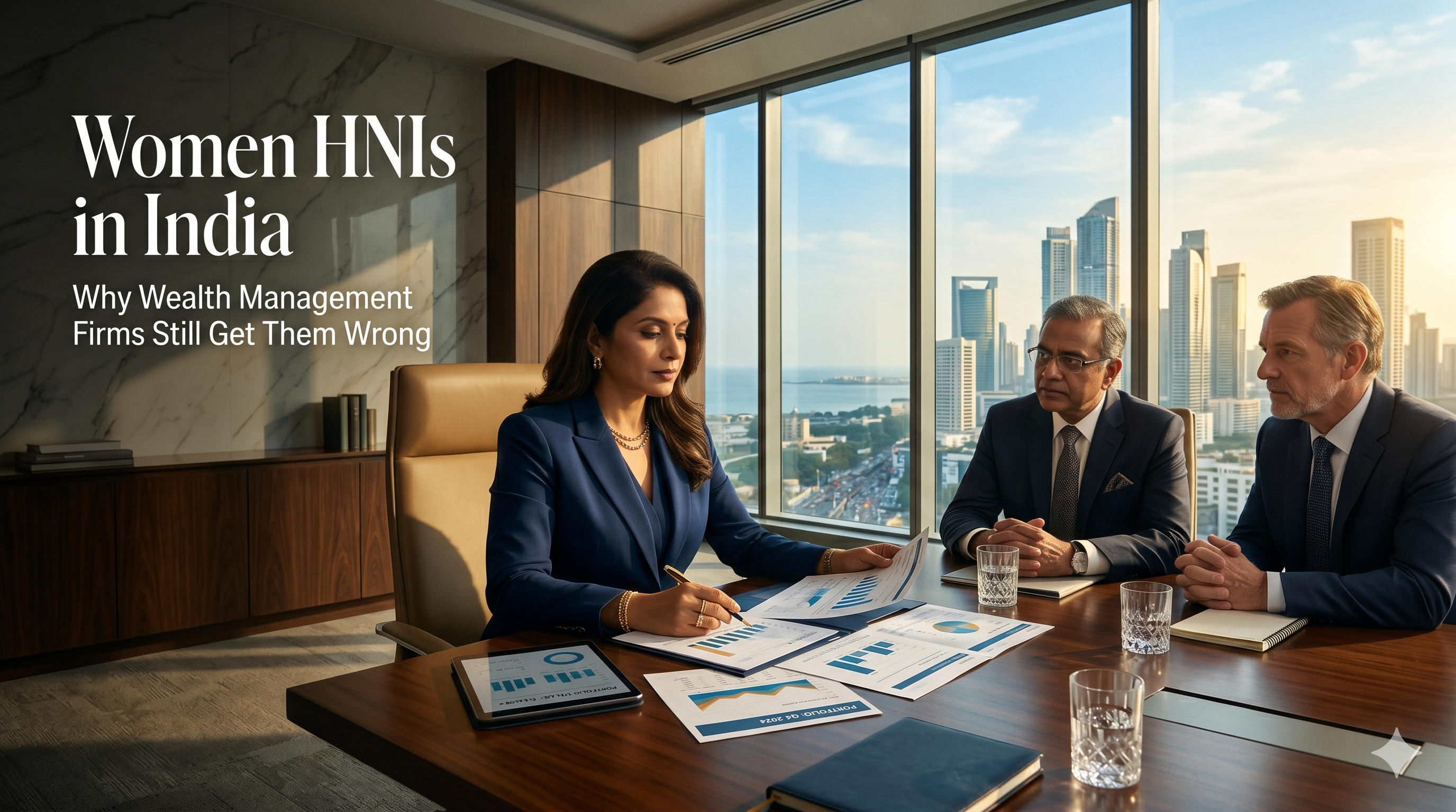 Indian woman high-net-worth investor reviewing portfolio with financial advisors in a premium wealth management office in India