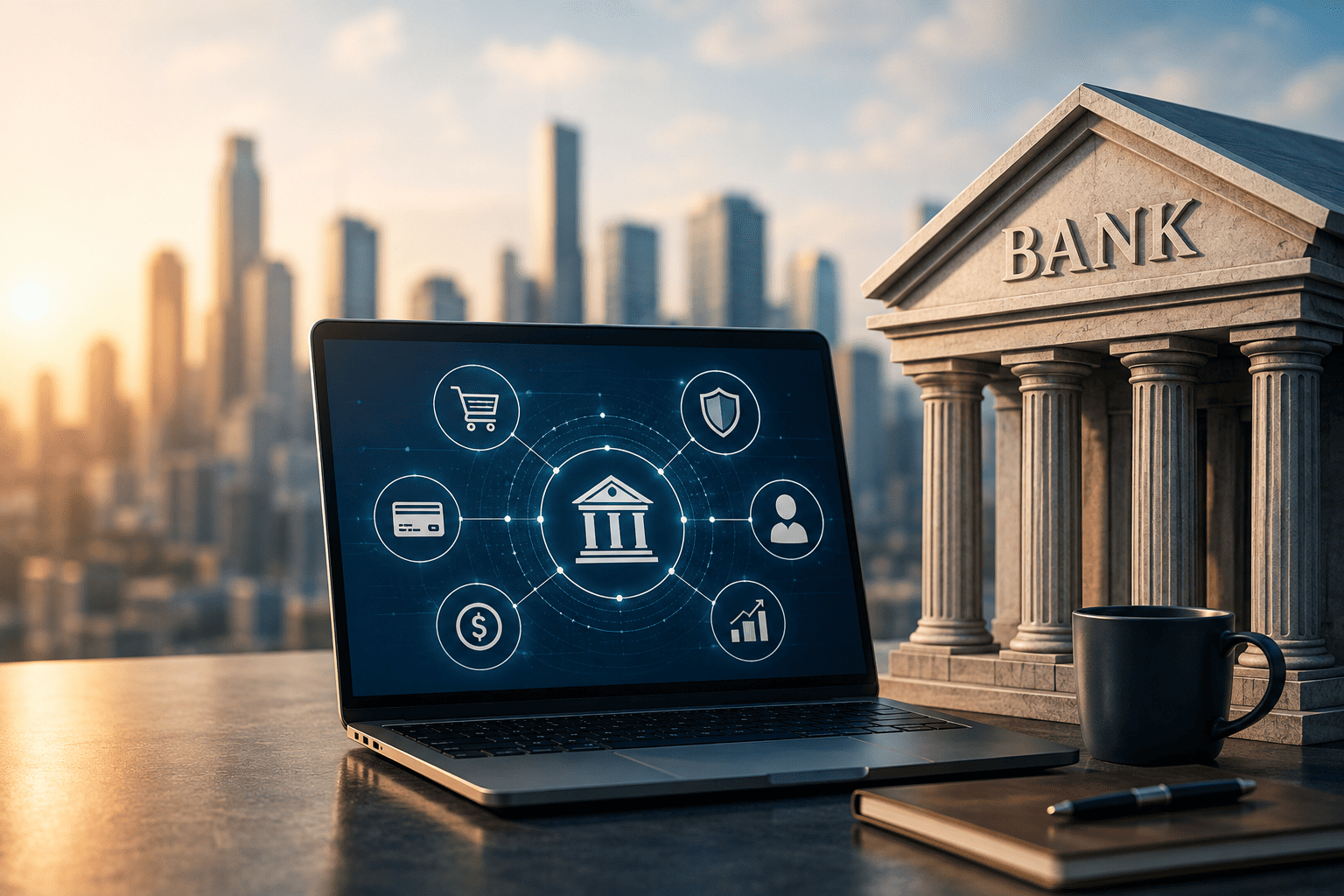Laptop displaying a digital banking network of icons beside a classical bank building, representing embedded finance in U.S. retail banking