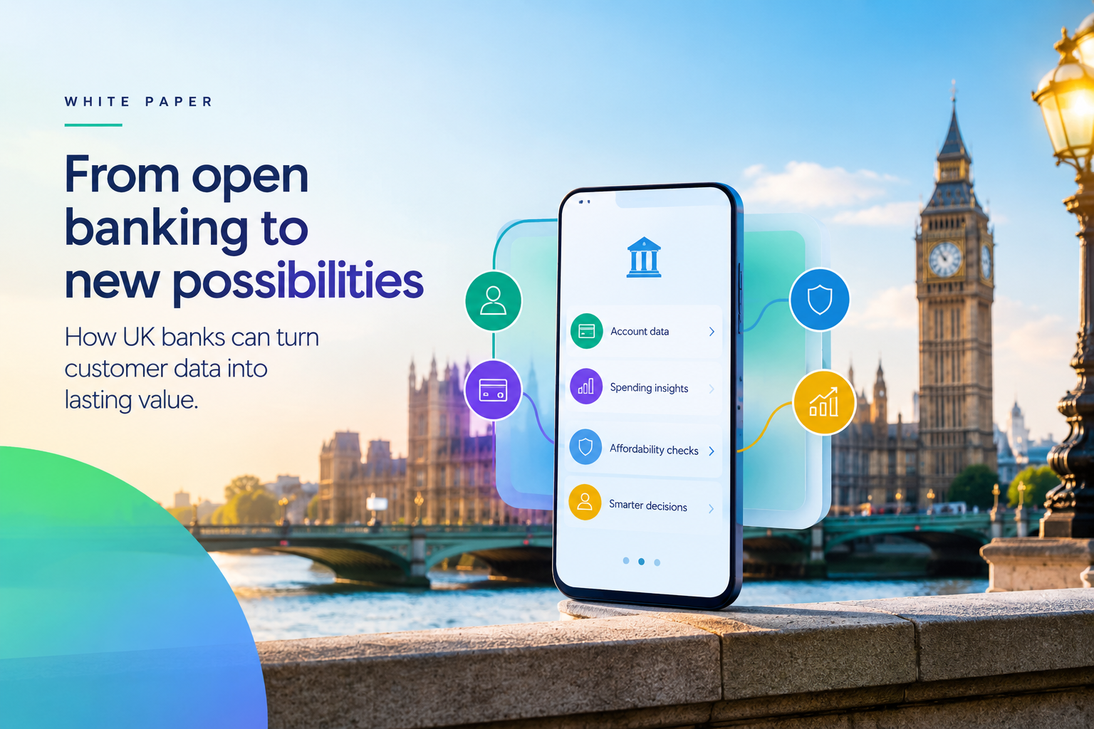 Smartphone displaying UK banking app data, spending insights, and affordability checks, beside Big Ben and the Houses of Parliament, representing embedded finance in UK retail banking.